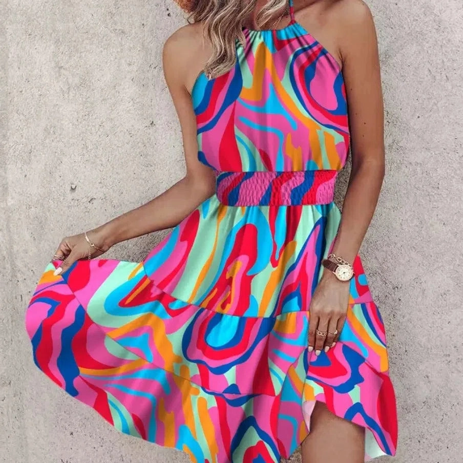 Irregular Printed Vest Backless Dress Women Summer Sexy Mini