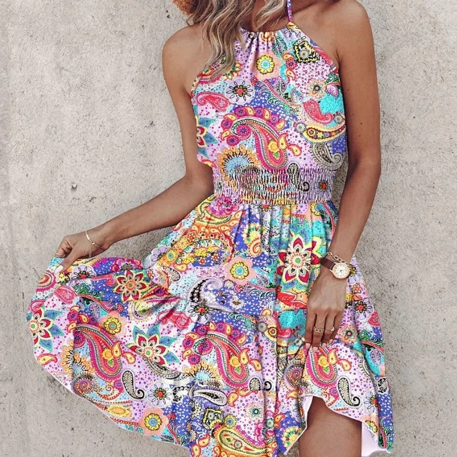 Irregular Printed Vest Backless Dress Women Summer Sexy Mini