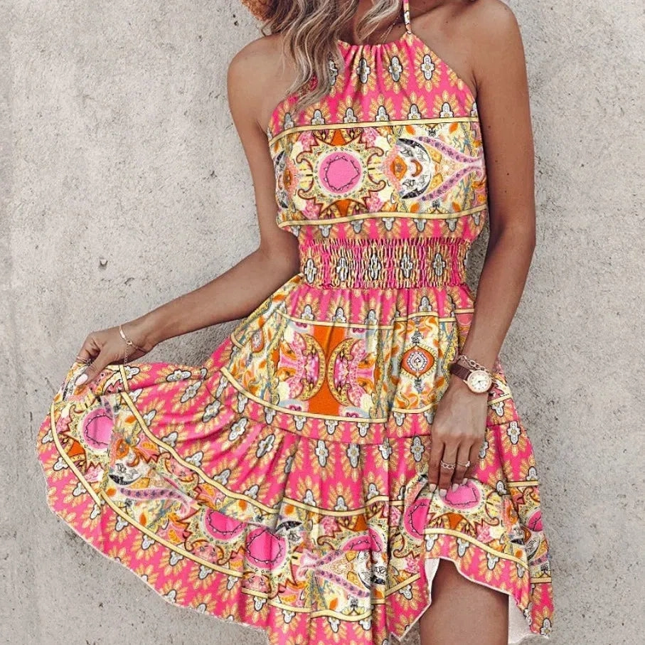 Irregular Printed Vest Backless Dress Women Summer Sexy Mini