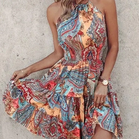 Irregular Printed Vest Backless Dress Women Summer Sexy Mini