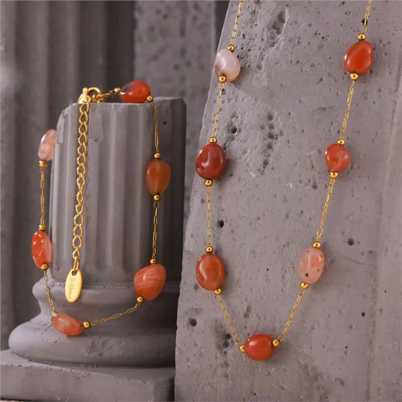 Irregular Real Natural Agate Stone Bead Stainless Steel Jewelry Set for Women
