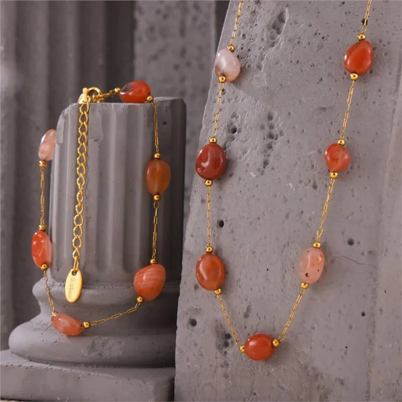 Irregular Real Natural Agate Stone Bead Stainless Steel Jewelry Set for Women