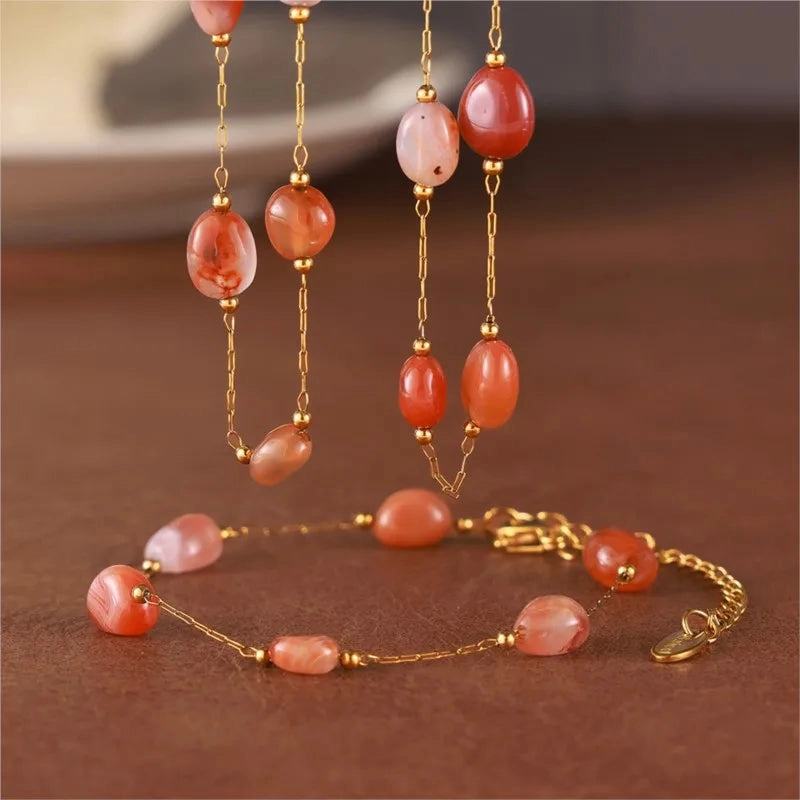 Irregular Real Natural Agate Stone Bead Stainless Steel Jewelry Set for Women
