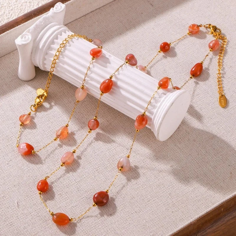 Irregular Real Natural Agate Stone Bead Stainless Steel Jewelry Set for Women