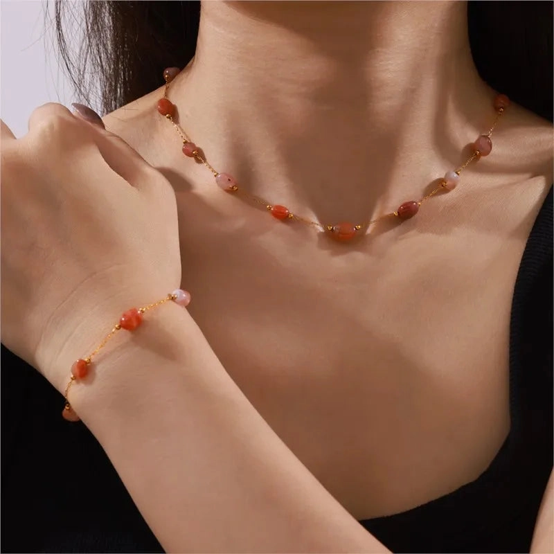 Irregular Real Natural Agate Stone Bead Stainless Steel Jewelry Set for Women