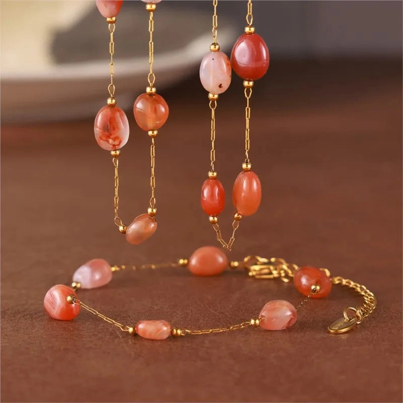 Irregular Real Natural Agate Stone Bead Stainless Steel Jewelry Set for Women