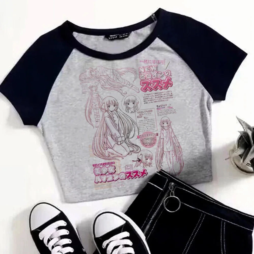 Japanese Anime Chobits Kawaii Cartoon Cropped Short Sleeve T Shirt for Women Vintage Aesthetic Punk Top