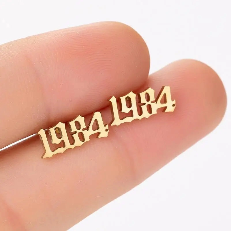 Jisensp Stainless Steel Earrings Simple Design Year Number Stud Earring Fashion Jewelry for Women Men