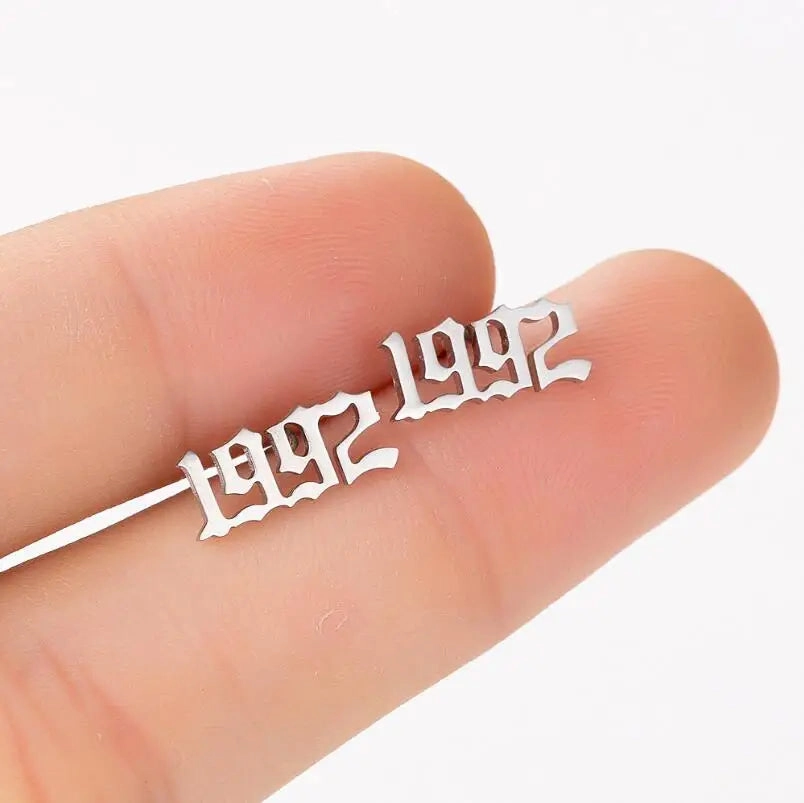 Jisensp Stainless Steel Earrings Simple Design Year Number Stud Earring Fashion Jewelry for Women Men