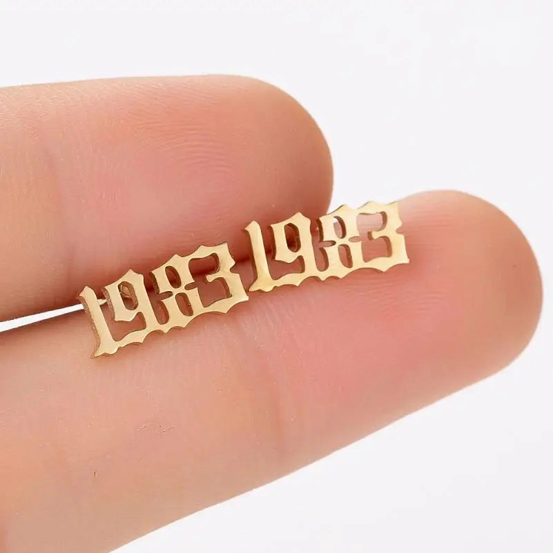 Jisensp Stainless Steel Earrings Simple Design Year Number Stud Earring Fashion Jewelry for Women Men