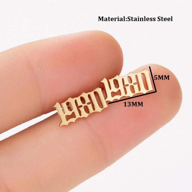 Jisensp Stainless Steel Earrings Simple Design Year Number Stud Earring Fashion Jewelry for Women Men