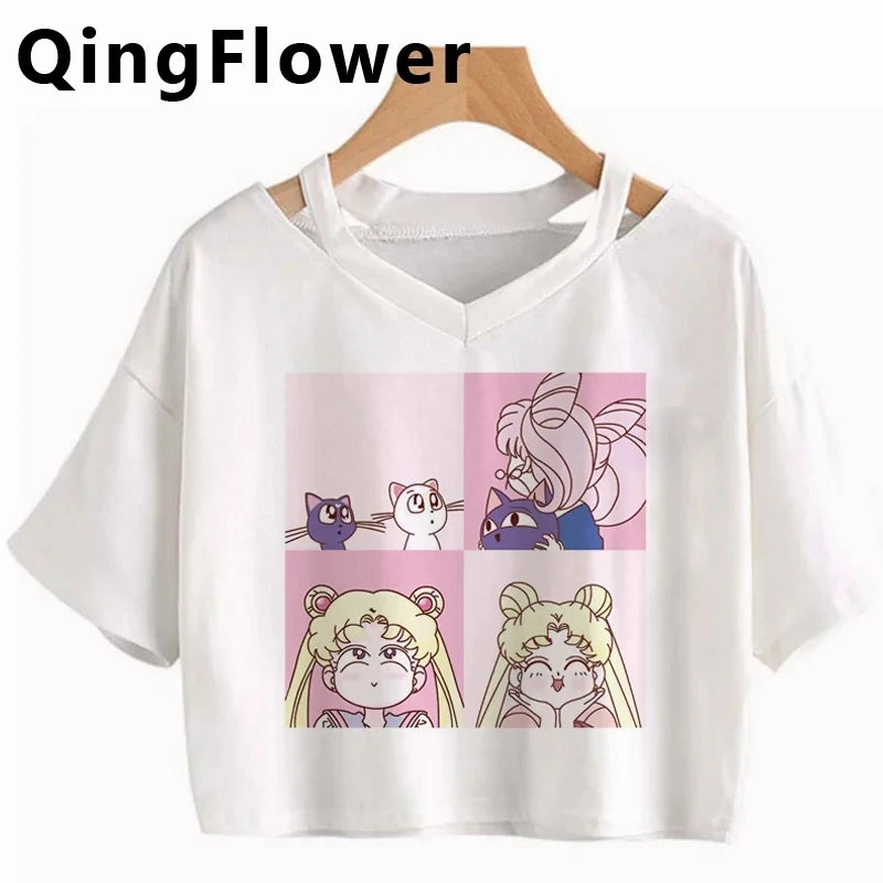 Kawaii Anime Cartoon Tee for Women - Fun Harajuku V-Neck Short Sleeve Top, Stylish Ulzzang Fashion for Summer