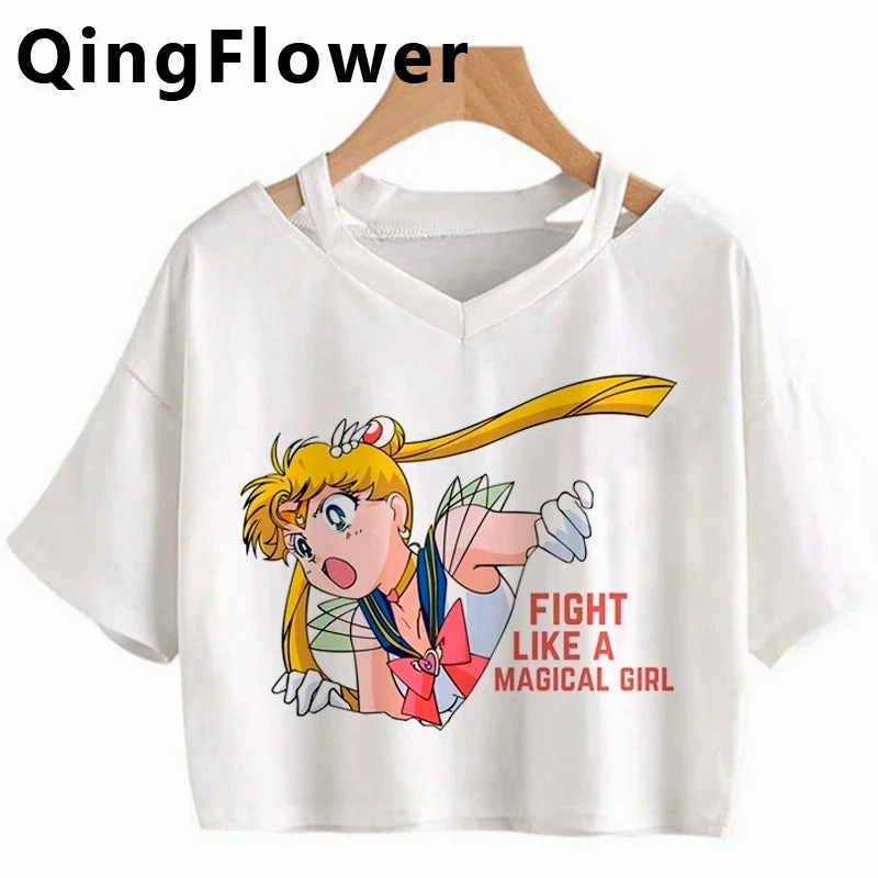 Kawaii Anime Cartoon Tee for Women - Fun Harajuku V-Neck Short Sleeve Top, Stylish Ulzzang Fashion for Summer