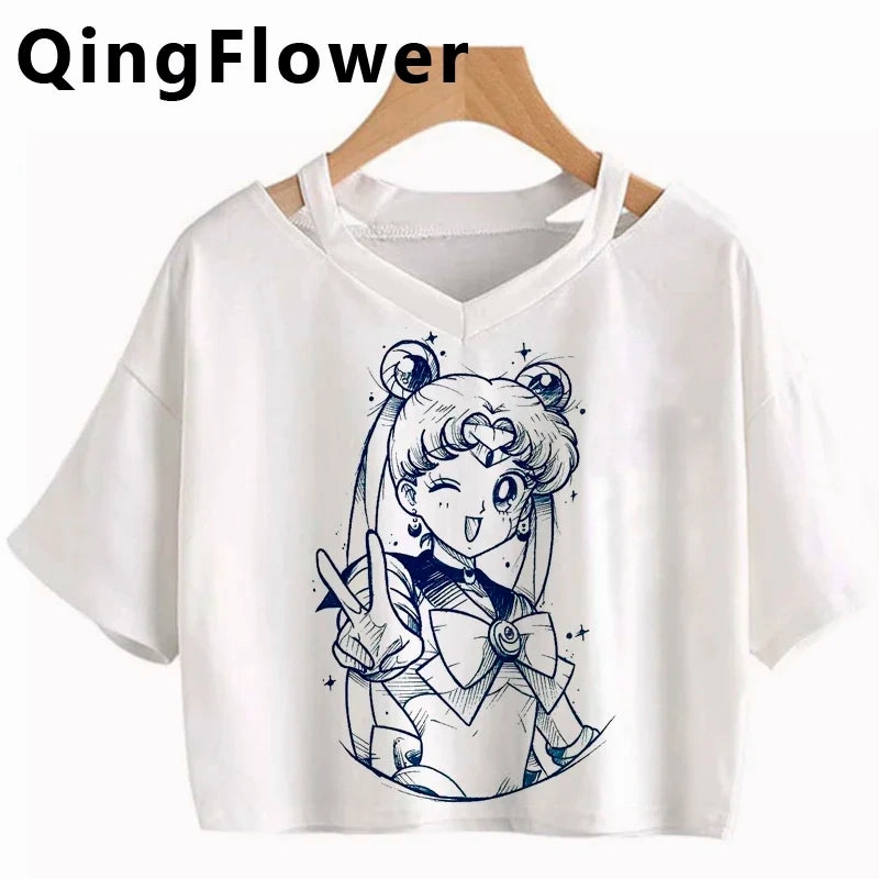 Kawaii Anime Cartoon Tee for Women - Fun Harajuku V-Neck Short Sleeve Top, Stylish Ulzzang Fashion for Summer
