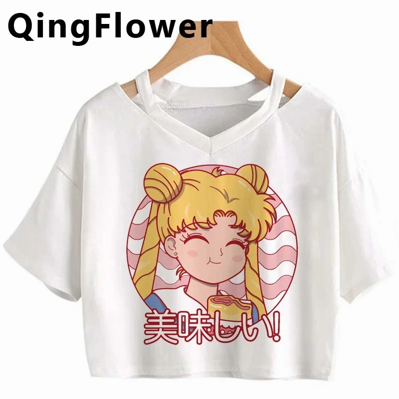 Kawaii Anime Cartoon Tee for Women - Fun Harajuku V-Neck Short Sleeve Top, Stylish Ulzzang Fashion for Summer