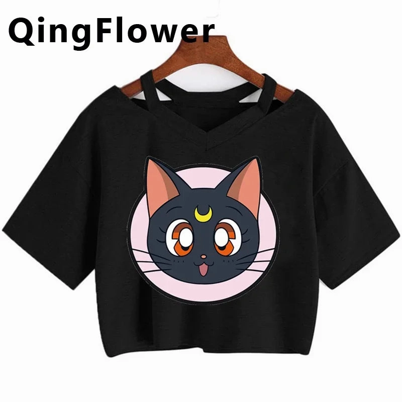 Kawaii Anime Cartoon Tee for Women - Fun Harajuku V-Neck Short Sleeve Top, Stylish Ulzzang Fashion for Summer