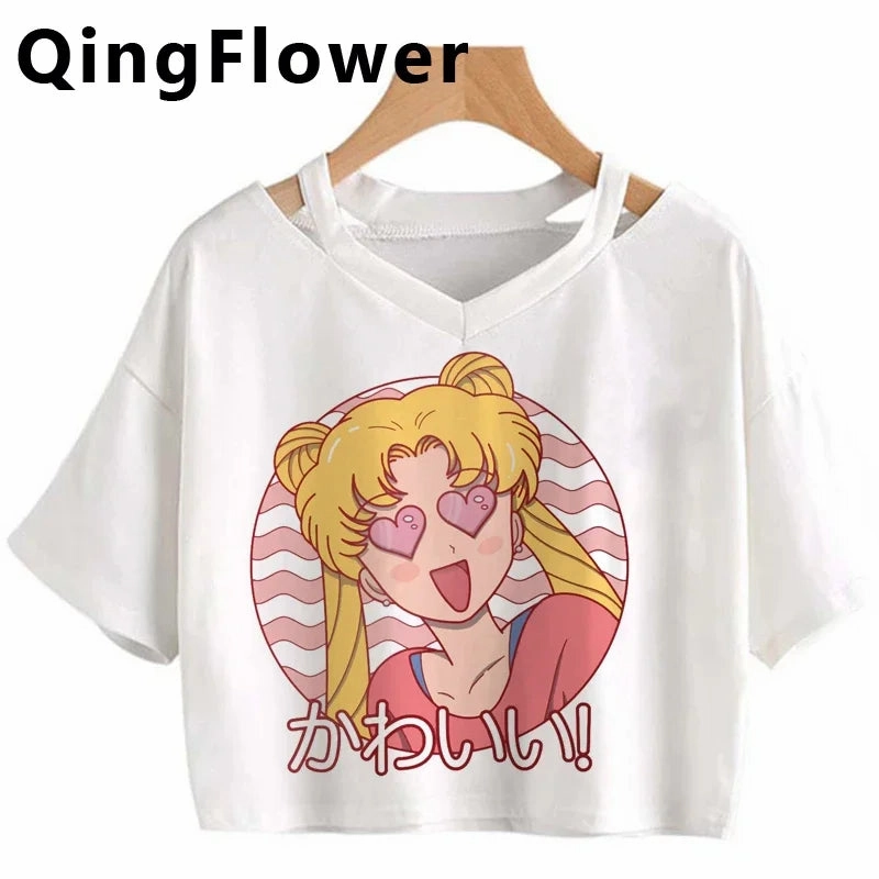 Kawaii Anime Cartoon Tee for Women - Fun Harajuku V-Neck Short Sleeve Top, Stylish Ulzzang Fashion for Summer