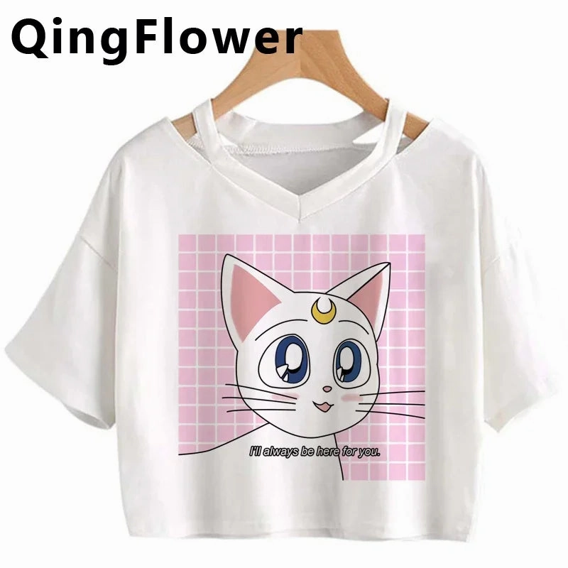 Kawaii Anime Cartoon Tee for Women - Fun Harajuku V-Neck Short Sleeve Top, Stylish Ulzzang Fashion for Summer