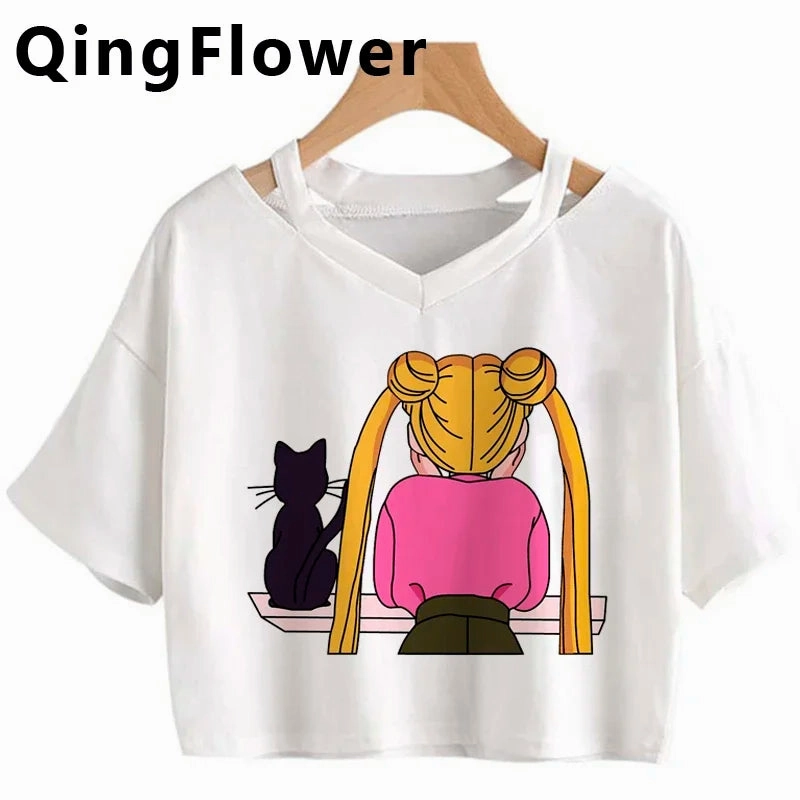 Kawaii Anime Cartoon Tee for Women - Fun Harajuku V-Neck Short Sleeve Top, Stylish Ulzzang Fashion for Summer