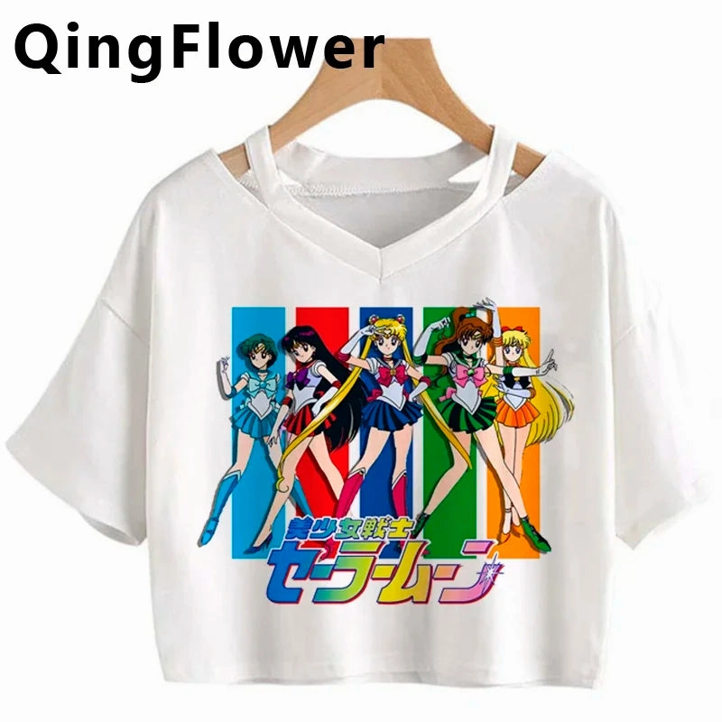 Kawaii Anime Cartoon Tee for Women - Fun Harajuku V-Neck Short Sleeve Top, Stylish Ulzzang Fashion for Summer