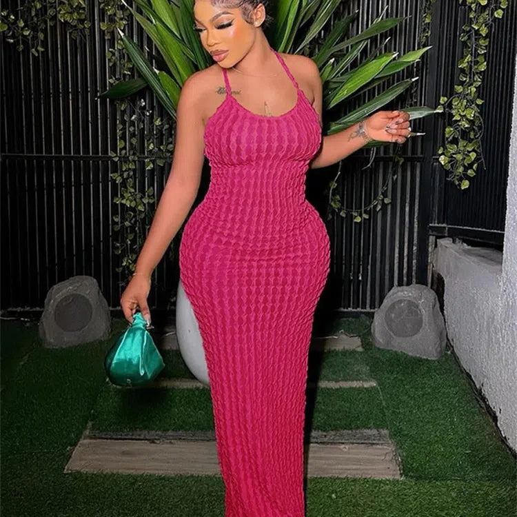 Kliou Solid Ruched Maxi Dress Women Casual Backless Bodycon
