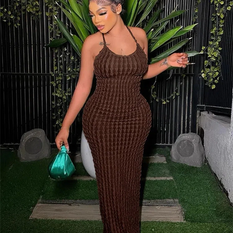Kliou Solid Ruched Maxi Dress Women Casual Backless Bodycon
