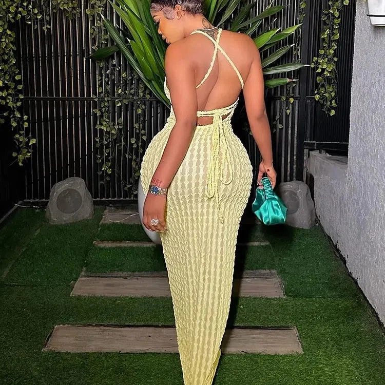 Kliou Solid Ruched Maxi Dress Women Casual Backless Bodycon