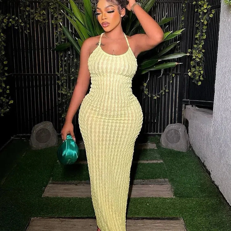 Kliou Solid Ruched Maxi Dress Women Casual Backless Bodycon