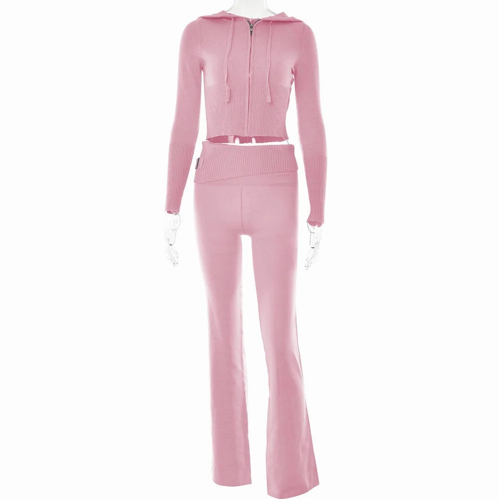 Knitted 2 Piece Sets Women Tracksuit Long Sleeve Zipper Hoodie Flare Pants Stylish Matching Outfit