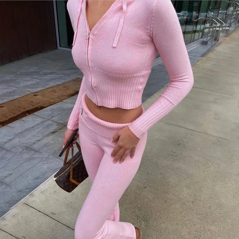Knitted 2 Piece Sets Women Tracksuit Long Sleeve Zipper Hoodie Flare Pants Stylish Matching Outfit