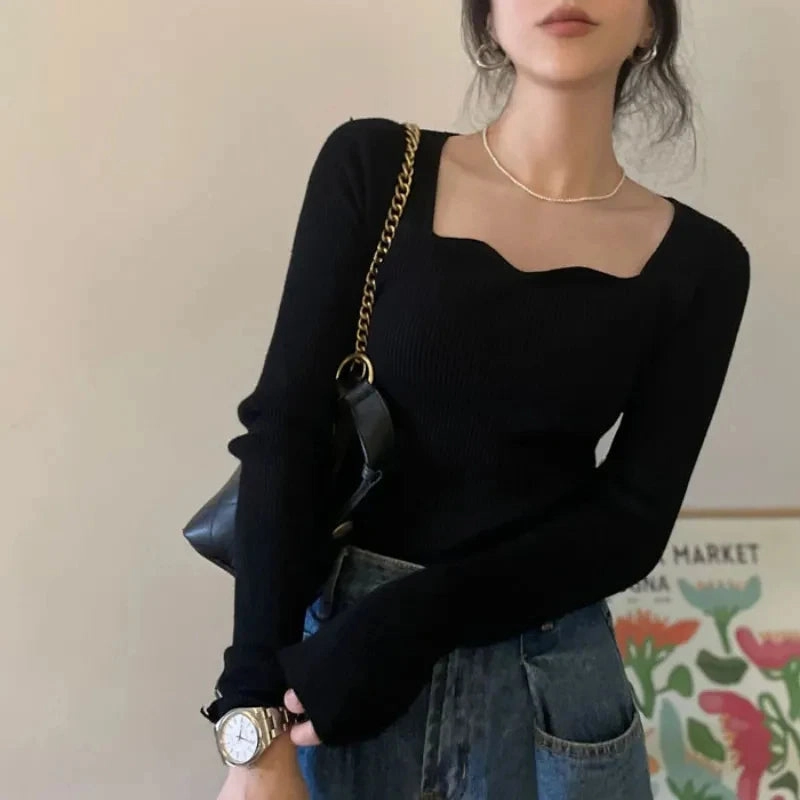 Knitted Pullovers Women Vintage Solid Sweaters Autumn Winter Elegant Slim Knitwear Square Collar All Match Jumpers