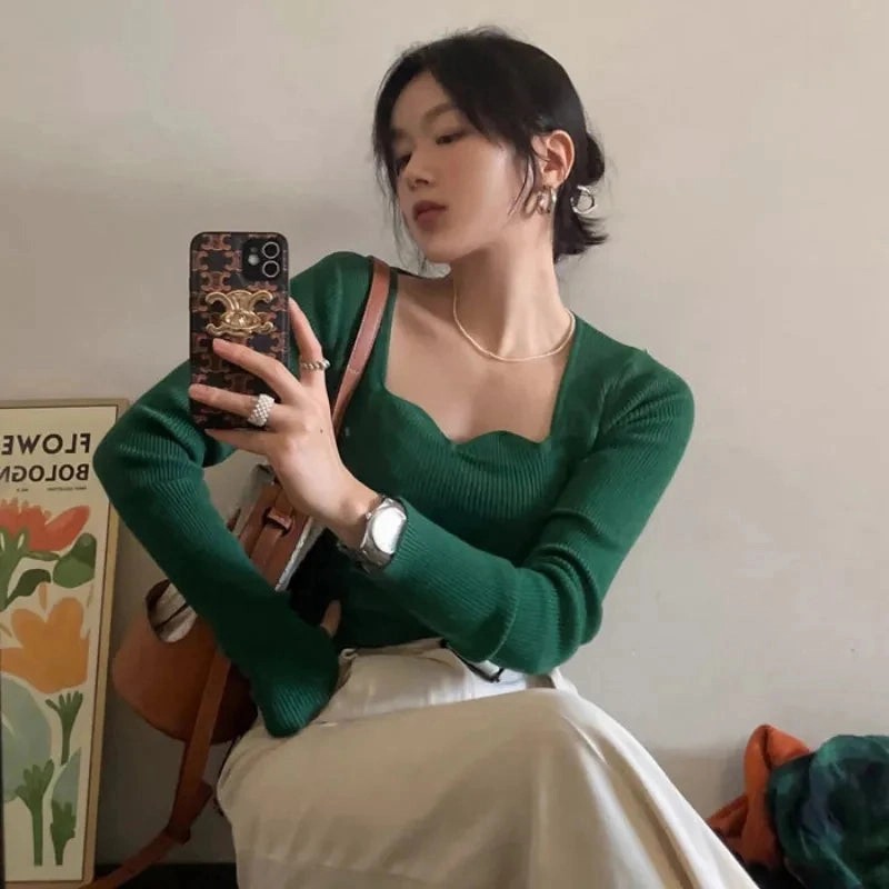 Knitted Pullovers Women Vintage Solid Sweaters Autumn Winter Elegant Slim Knitwear Square Collar All Match Jumpers