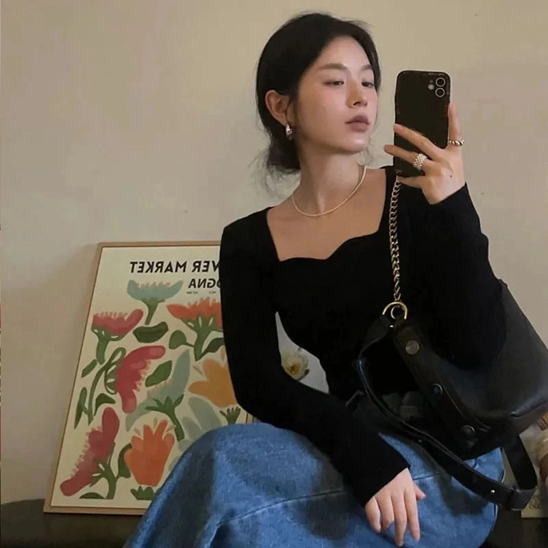 Knitted Pullovers Women Vintage Solid Sweaters Autumn Winter Elegant Slim Knitwear Square Collar All Match Jumpers