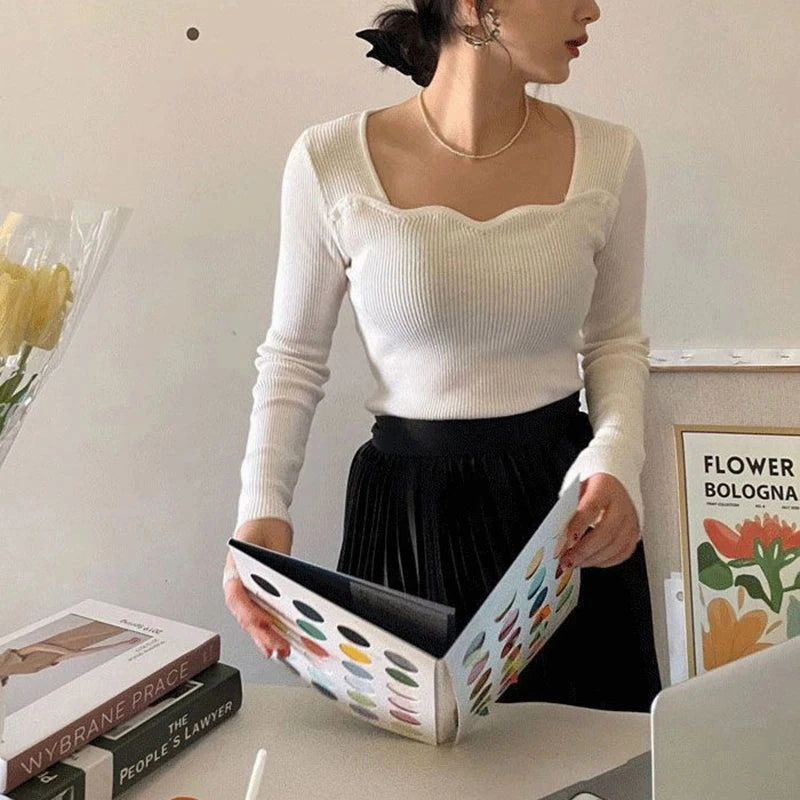Knitted Pullovers Women Vintage Solid Sweaters Autumn Winter Elegant Slim Knitwear Square Collar All Match Jumpers