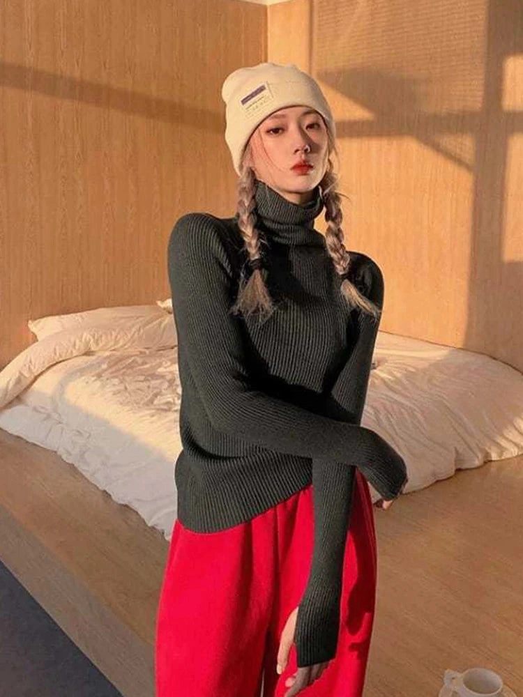 Knitted Sweater Women Korean Version Turtleneck Pullover Warm Lapping Basic Tops