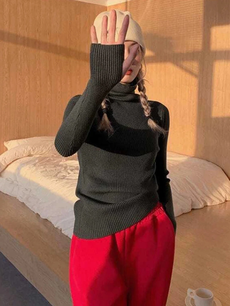 Knitted Sweater Women Korean Version Turtleneck Pullover Warm Lapping Basic Tops