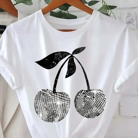 Korea Style Silver Cherry Graphic Print Short Sleeve Crew Neck T-Shirt for Women Summer Casual Top