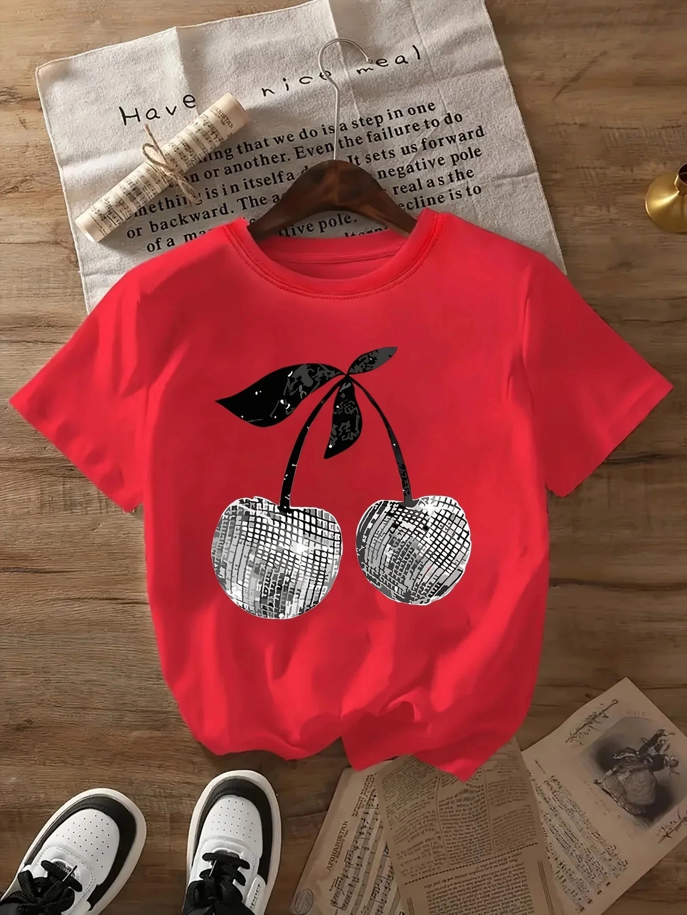Korea Style Silver Cherry Graphic Print Short Sleeve Crew Neck T-Shirt for Women Summer Casual Top