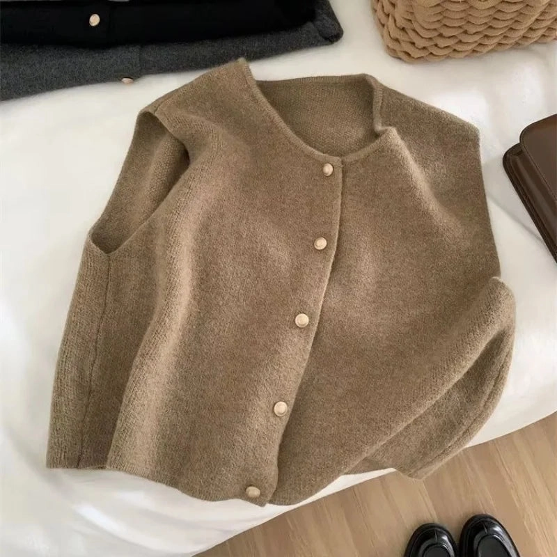 Korean Elegant Knitted Sleeveless Cardigan for Women