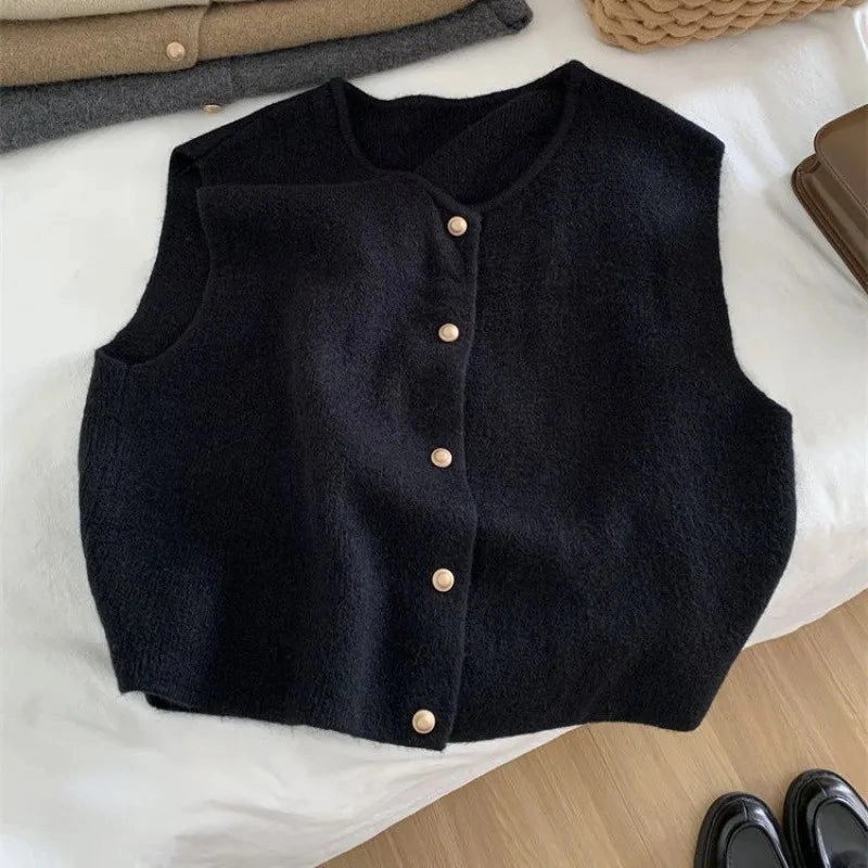Korean Elegant Knitted Sleeveless Cardigan for Women