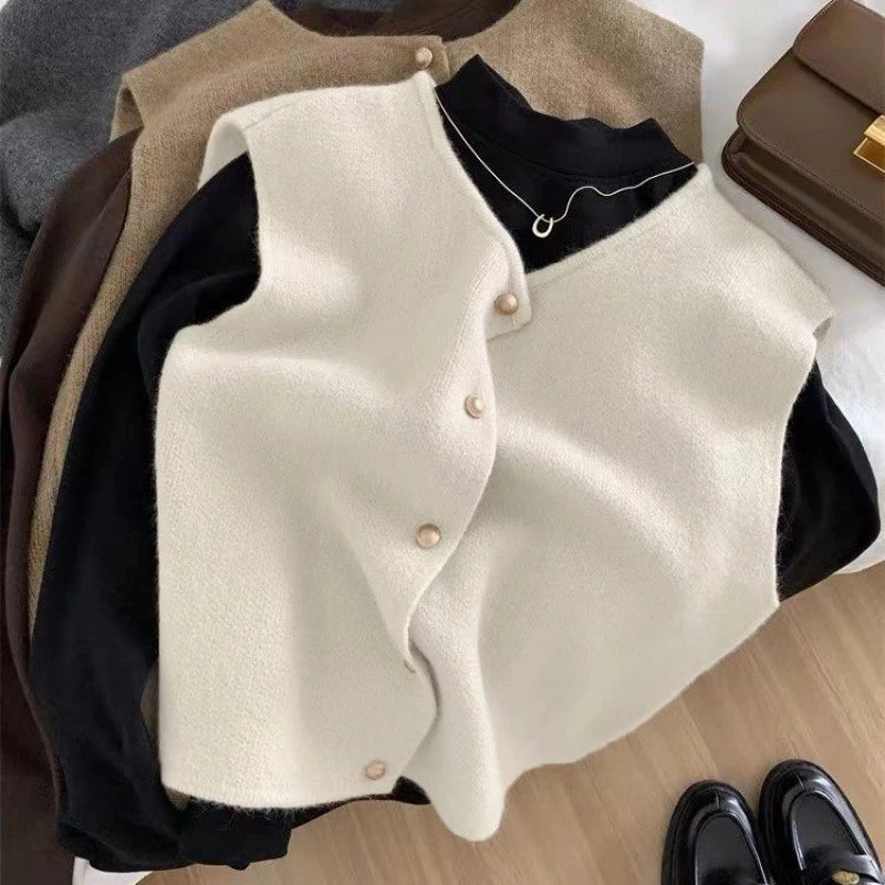 Korean Elegant Knitted Sleeveless Cardigan for Women