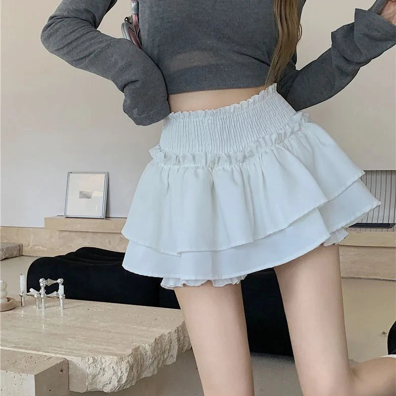 Korean Kawaii Mini Skirts Women Harajuku High Waist Ruffle Skirt