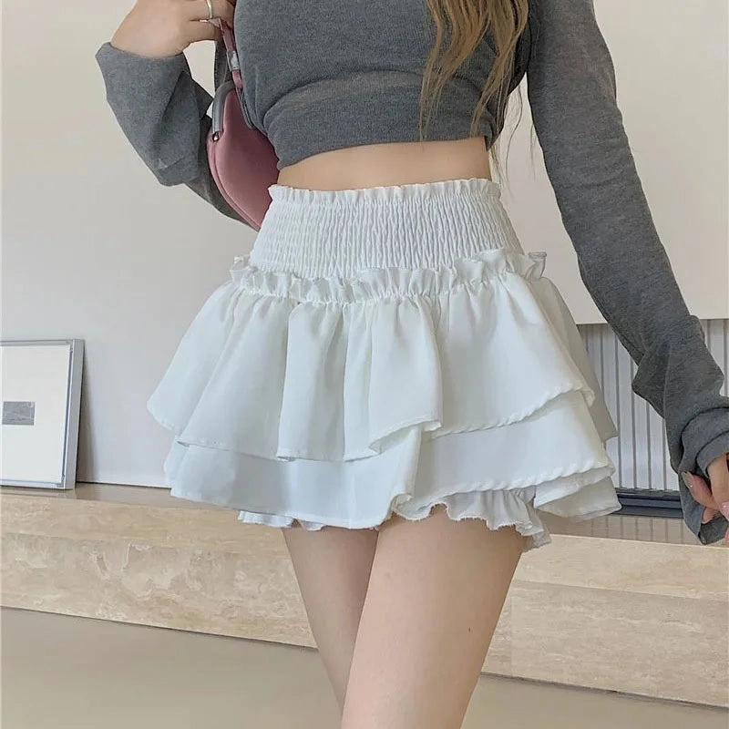 Korean Kawaii Mini Skirts Women Harajuku High Waist Ruffle Skirt