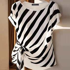 Korean Striped Printed Short Sleeve Blouse for Summer Casual Loose Fit Tunic Top for Women Ladies Office Wear