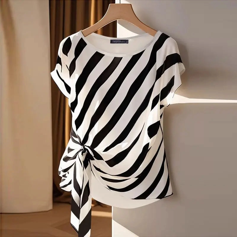 Korean Striped Printed Short Sleeve Blouse for Summer Casual Loose Fit Tunic Top for Women Ladies Office Wear