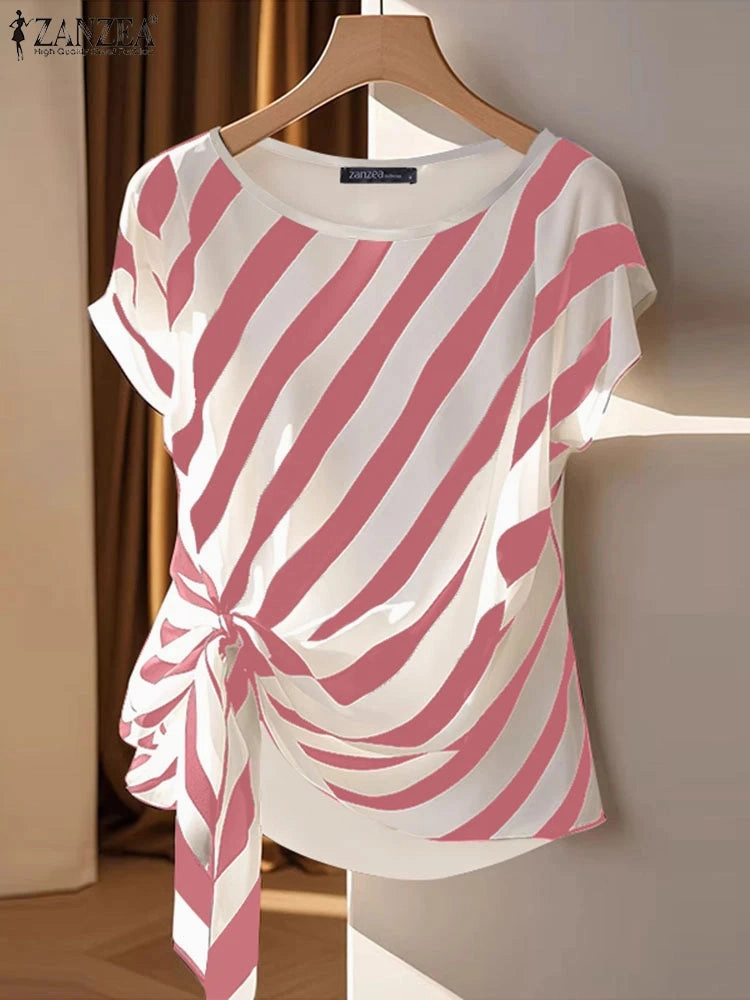Korean Striped Printed Short Sleeve Blouse for Summer Casual Loose Fit Tunic Top for Women Ladies Office Wear