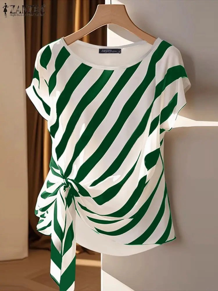 Korean Striped Printed Short Sleeve Blouse for Summer Casual Loose Fit Tunic Top for Women Ladies Office Wear