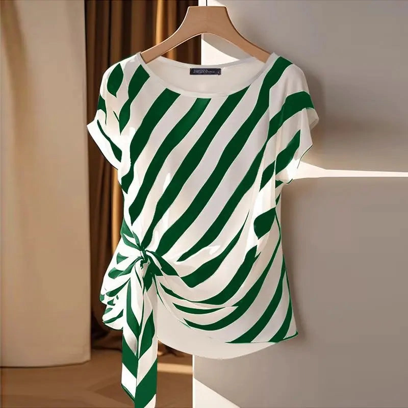 Korean Striped Printed Short Sleeve Blouse for Summer Casual Loose Fit Tunic Top for Women Ladies Office Wear