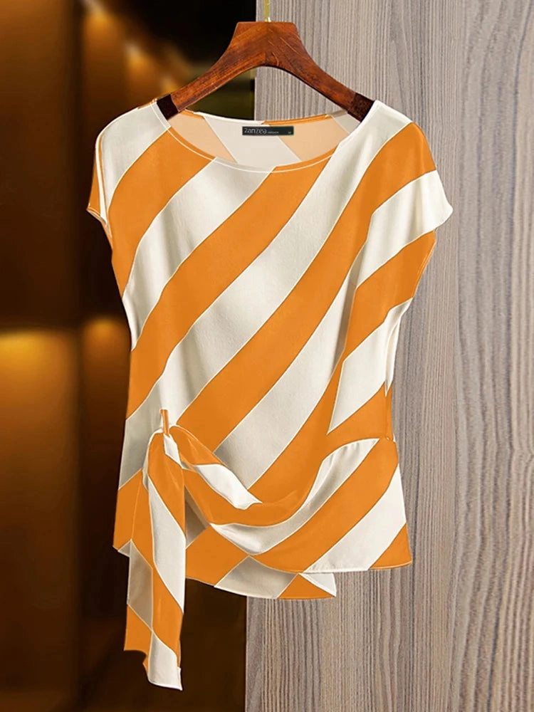 Korean Striped Printed Short Sleeve Blouse for Summer Casual Loose Fit Tunic Top for Women Ladies Office Wear