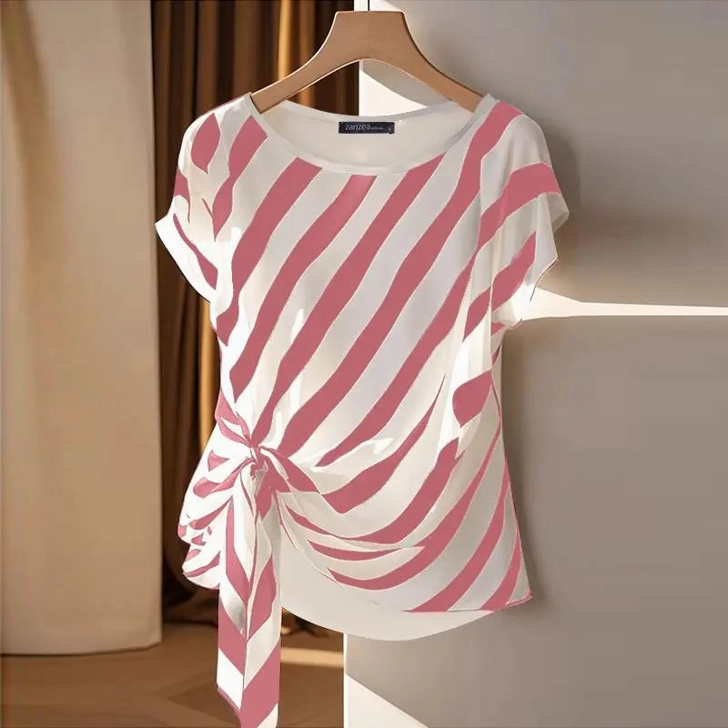 Korean Striped Printed Short Sleeve Blouse for Summer Casual Loose Fit Tunic Top for Women Ladies Office Wear